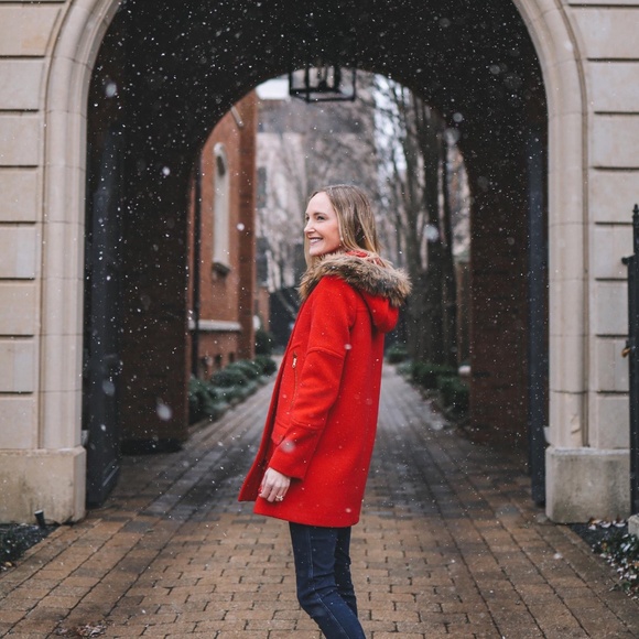 J. Crew Chateau Parka Coat In Stadium Cloth Red With Removable Fur Hood | Size 6 - Picture 2 of 13